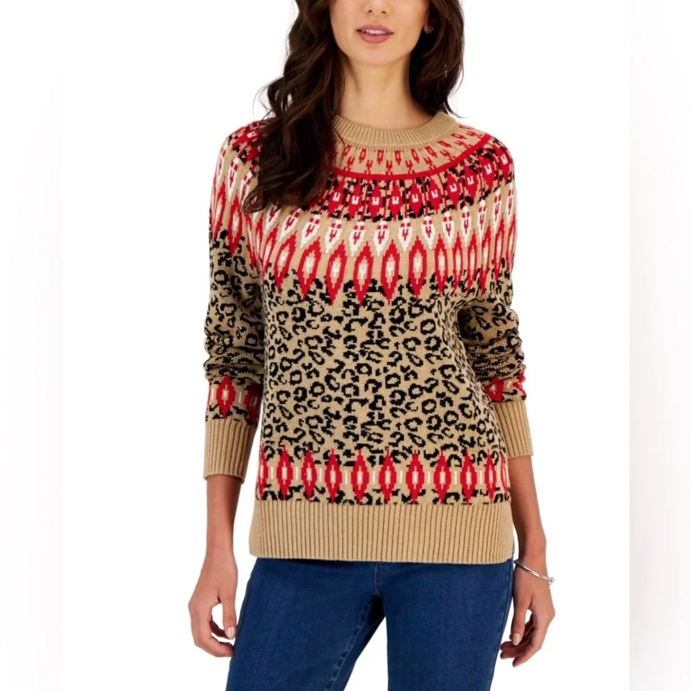 Charter Club Red/Tan Leopard Print Fair Isle Crew Neck Pullover Sweater